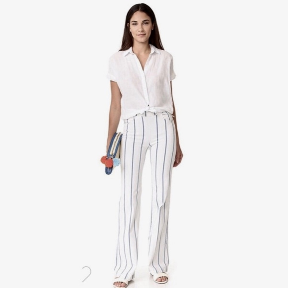 FRAME Denim Le High Waist Flare Side Zip Pants White & Blue Stripe ~ Large - Picture 6 of 16